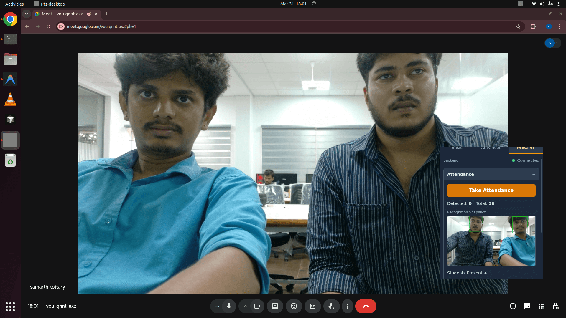 Face-recognition attendance panel detecting people in frame during a live call